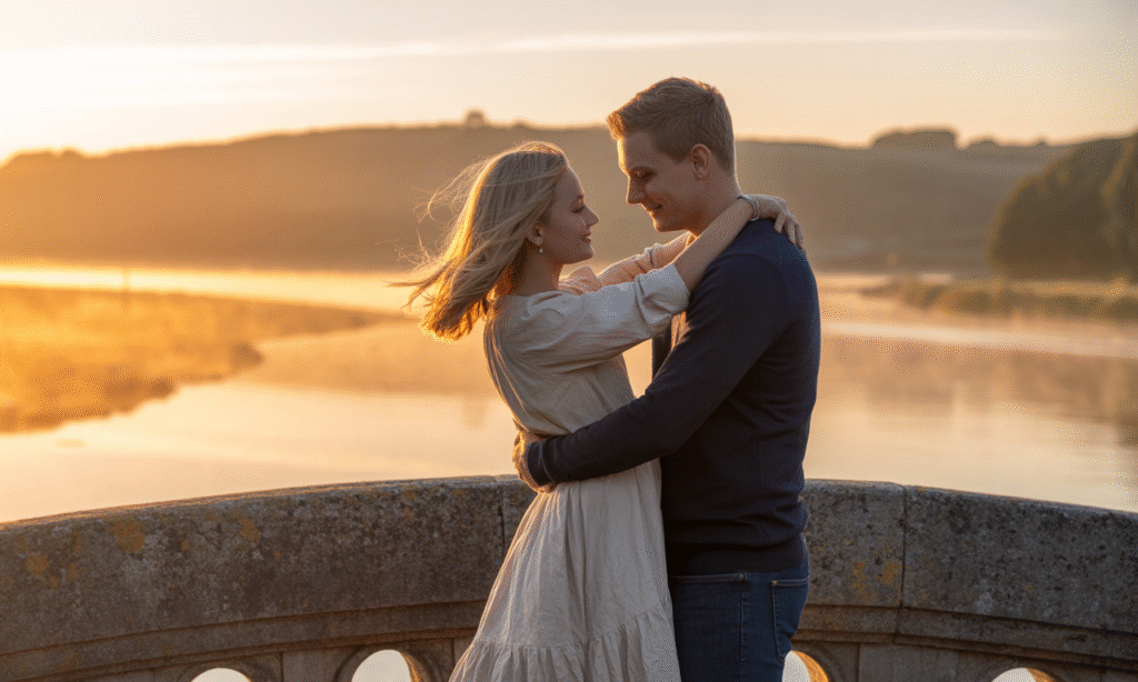 Married couple embracing while watching the sunrise, symbolizing a fresh start and renewed connection
