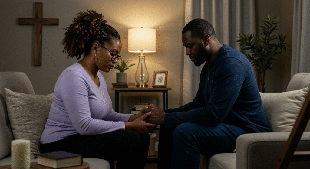 Husband and wife holding hands and praying together, inviting God into their communication