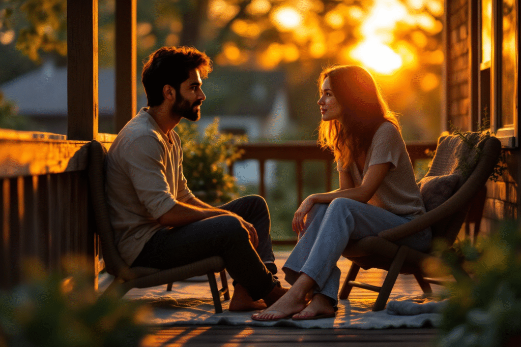 Couple sitting together at sunset, reflecting on their marriage and discussing shared life goals