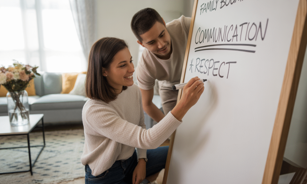 Couple creating a respectful family boundaries list together for managing in-law relationships