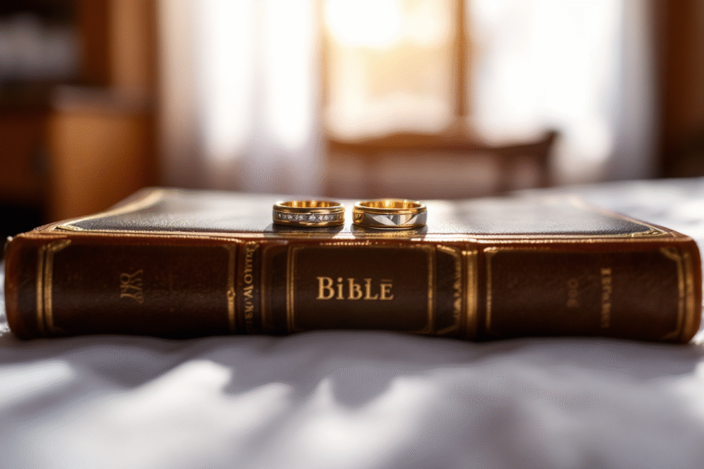 Wedding rings placed on a Bible, symbolizing the sacred covenant of marriage and lifelong commitment