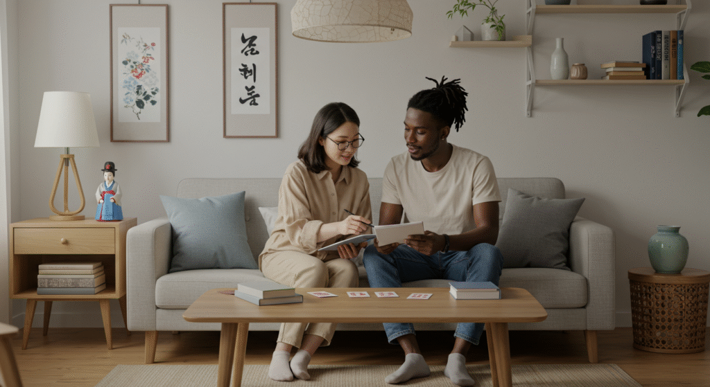Multi-ethnic couple laughing at the dinner table over a language mix-up