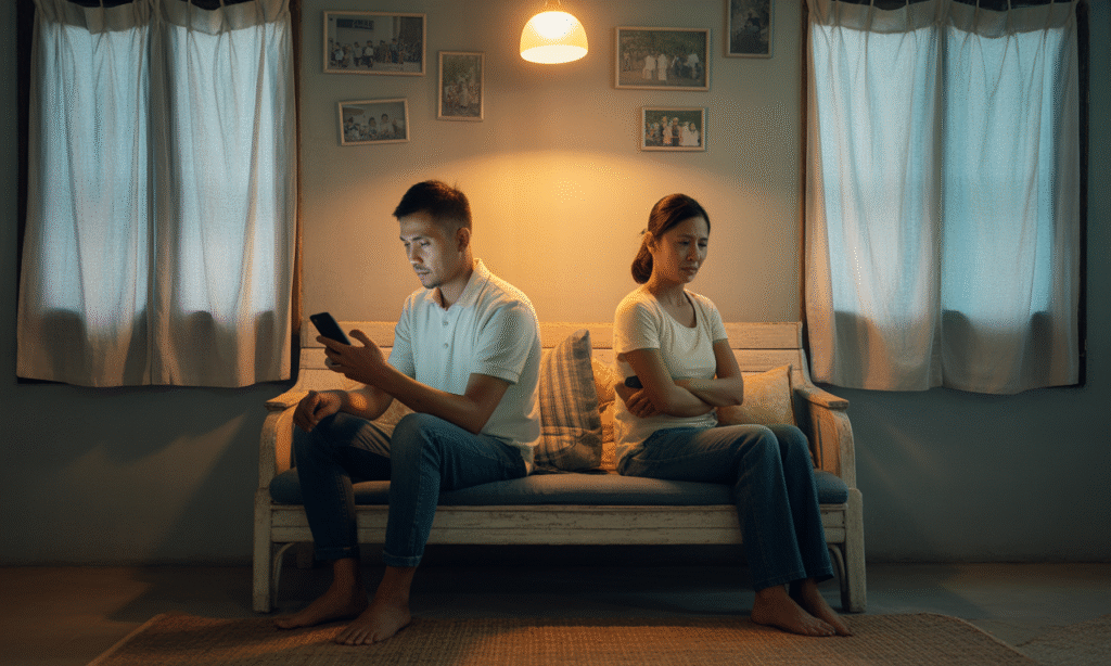 Married couple feeling distant, questioning their compatibility after years together