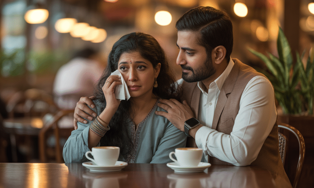 Spouse offering quiet, emotional support by sitting with their partner during a tough time.