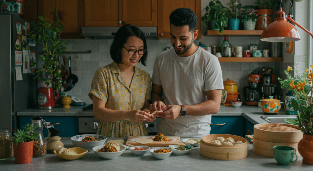 Multi-ethnic couple cooking side by side and sharing kitchen responsibilities