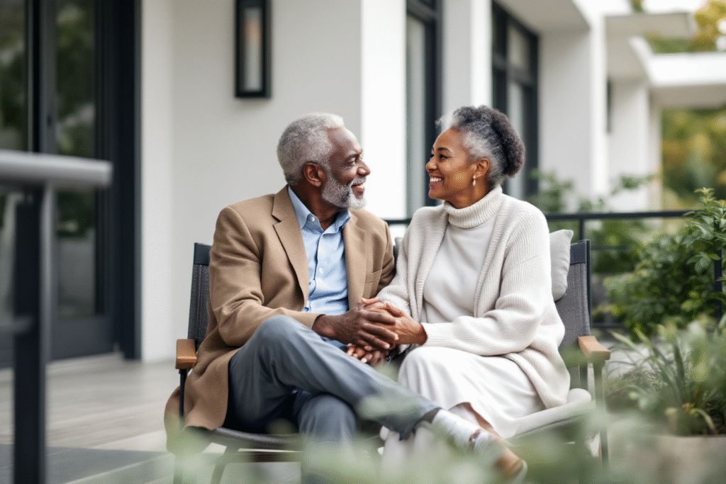 Elderly married couple holding hands on their porch, representing the lasting power of daily love and commitment