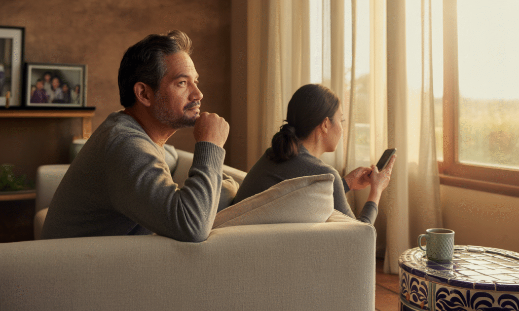 Spouse feeling invisible in marriage as partner stays distracted, representing emotional neglect