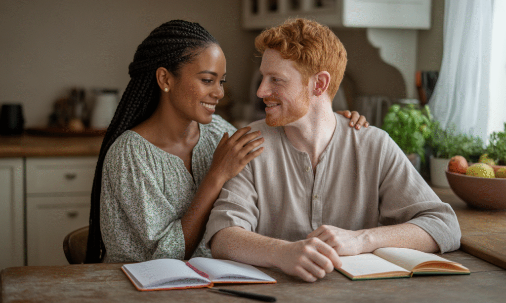 Married couple holding hands and having a planning conversation over coffee and a notebook