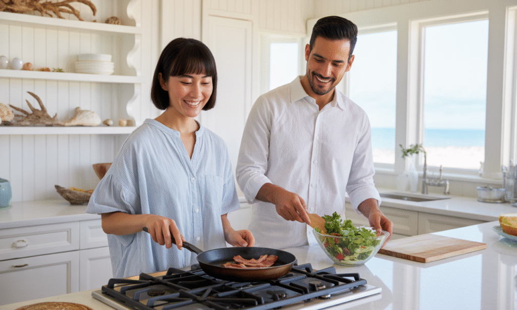 Spouses making breakfast together, reflecting love built through shared routines and daily interactions