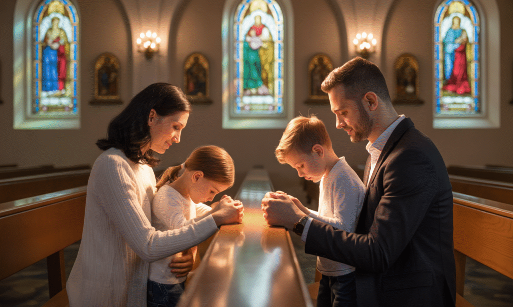 Couple praying over children, symbolizing spiritual unity in the family