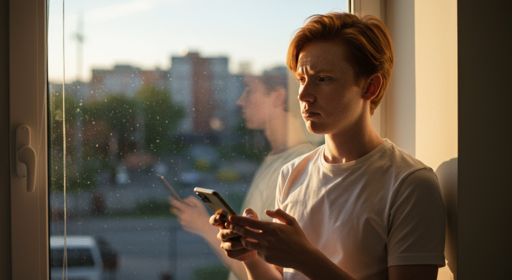 Anxious spouse holding phone, contemplating reaching out for marriage help but afraid to speak up