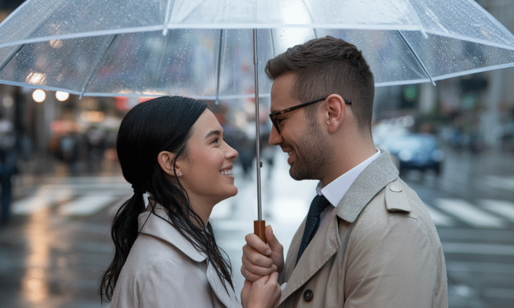 Couple smiling under an umbrella during a rainy day, symbolizing joy despite life’s challenges