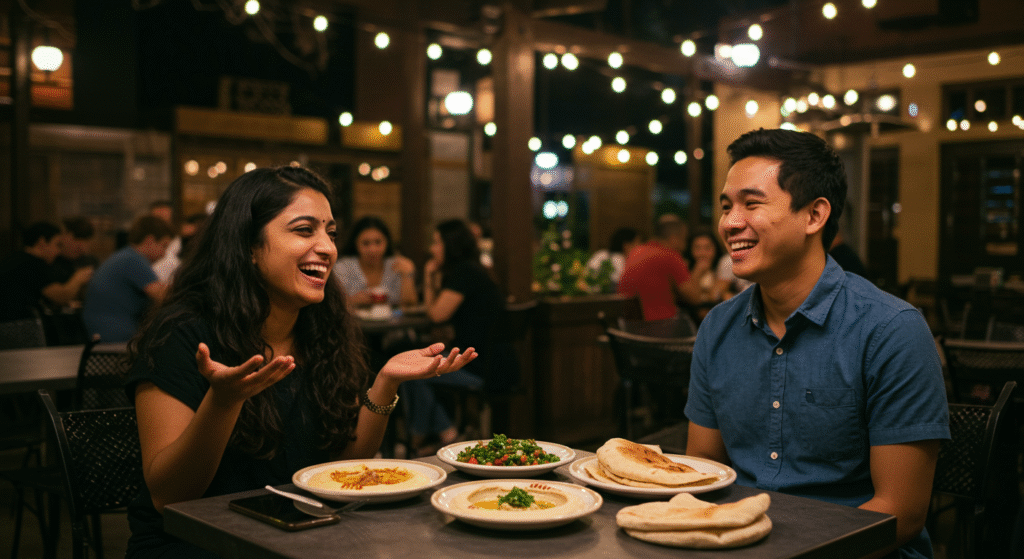 Multi-ethnic couple laughing at the dinner table over a language mix-up