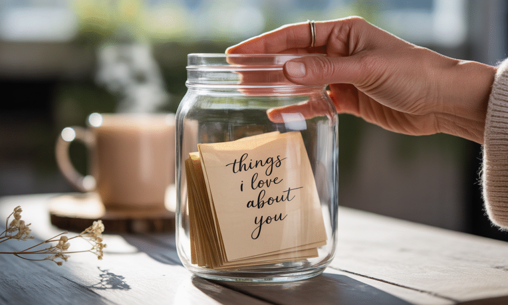 Glass jar filled with handwritten love notes, symbolizing daily acts of appreciation in marriage