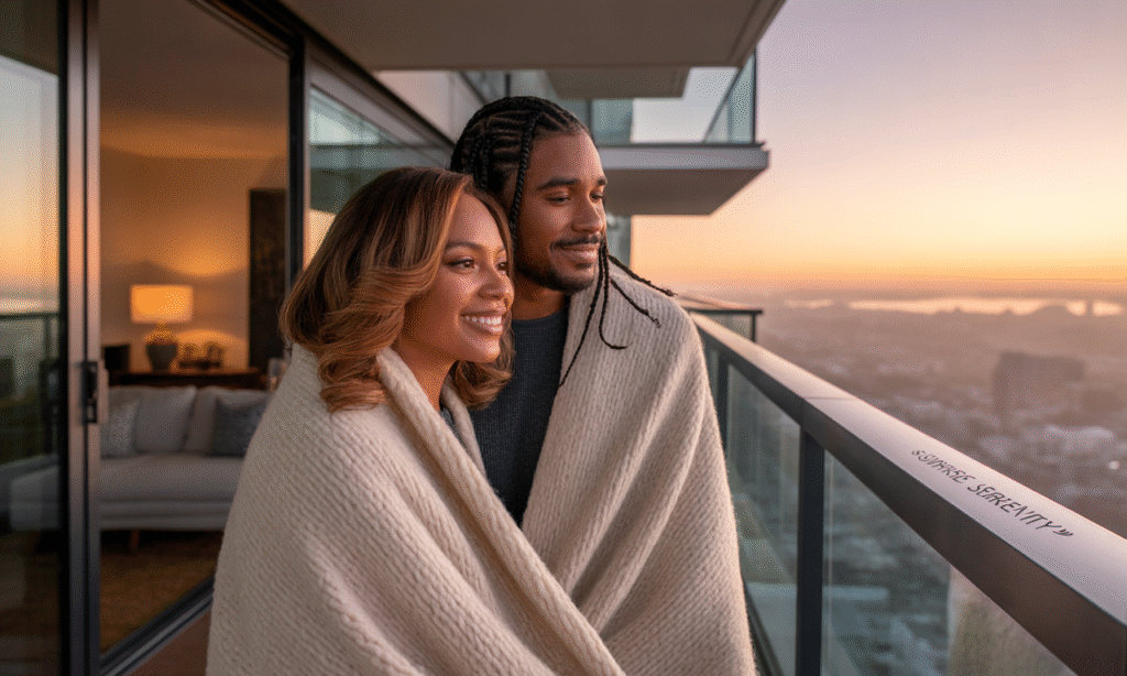 Married couple wrapped in a blanket watching the sunrise, symbolizing emotional closeness and security.