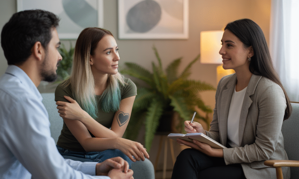 Married couple attending counseling, demonstrating active commitment and loyalty in marriage