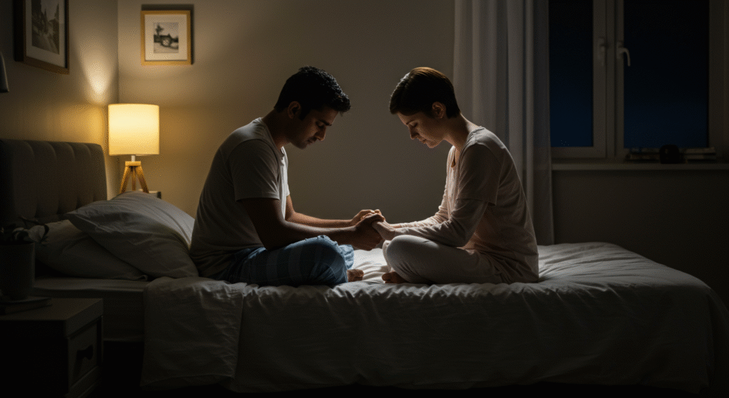 Married couple reconnecting spiritually and emotionally during a tough time