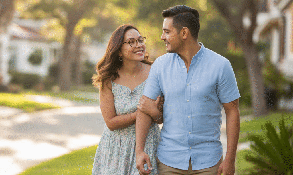 Loyal married couple walking with arms around each other, representing security and commitment in a lasting marriage
