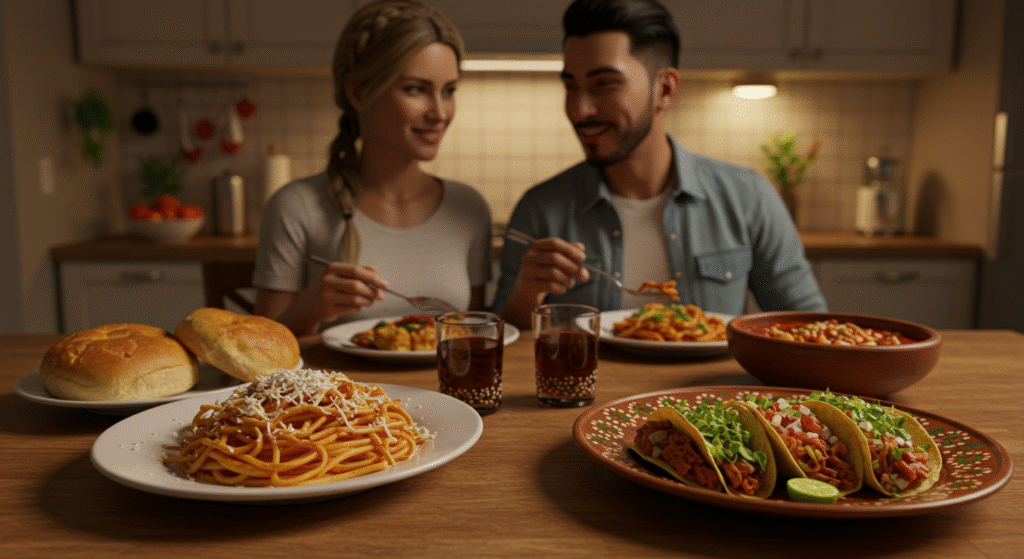 Traditional dishes from two cultures placed side by side at a shared table