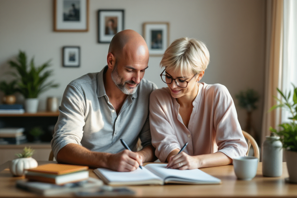 Couple journaling together during a cozy planning session with a calendar and coffee cups.