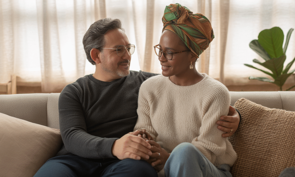 Married couple sitting together having a heartfelt conversation, reflecting the choice to love through difficult emotions"