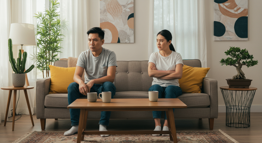 Frustrated couple sitting apart on a sofa, illustrating communication struggles in marriage. 
