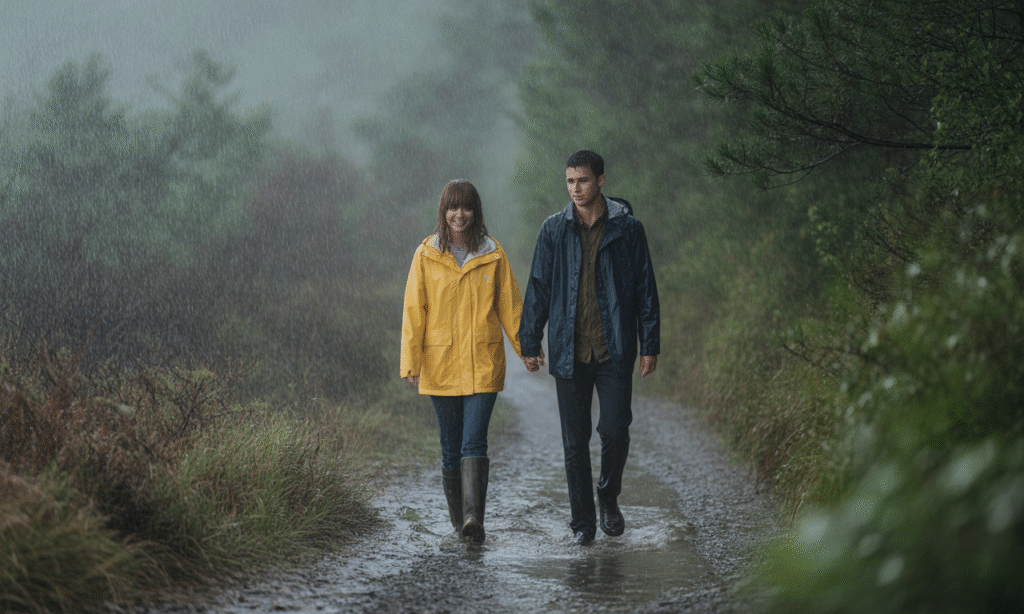 Couple holding hands and walking together through a stormy landscape, symbolizing unity through difficulty
