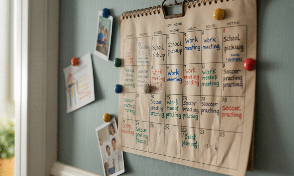 Family calendar with full schedule, lacking space for couple connection