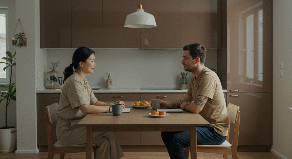 Married couple talking respectfully at kitchen table, representing healthy confrontation and emotional safety