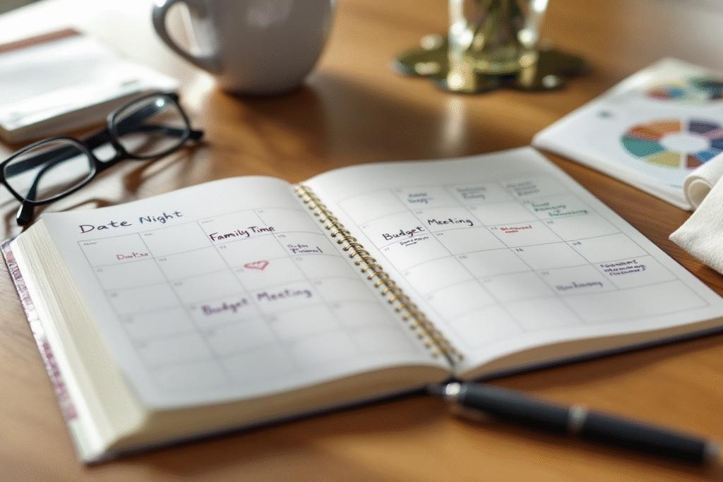 Open planner with couple’s scheduled events, reflecting intentional relationship planning