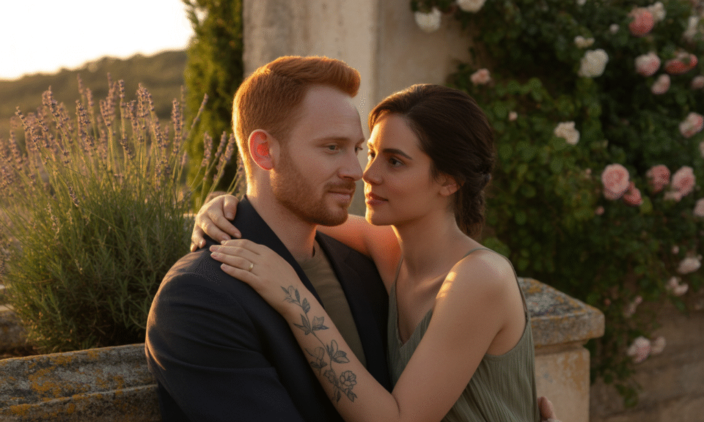 A realistic scene set outdoors during golden hour: A red-haired man and a brunette woman with a visible arm tattoo sit side by side on a wooden bench or low stone ledge in a quiet backyard or park. The woman gently places a hand on the man's shoulder, both of them facing slightly toward each other, engaged in a moment of reconciliation. Their expressions are tender and contemplative, capturing the emotional weight of the conversation. The environment features soft natural lighting, surrounding greenery, and a peaceful atmosphere that enhances the intimacy of the moment.