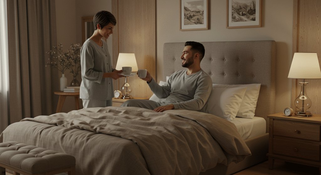 Loving spouse serving morning coffee with a smile, showing care and support