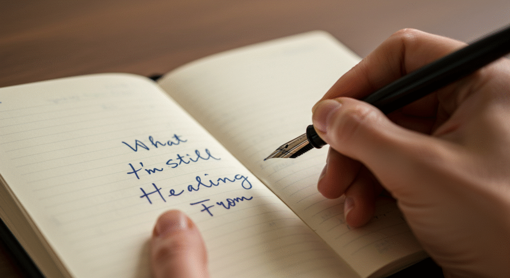 Spouse journaling emotional reflections on past pain that affects their marriage today.