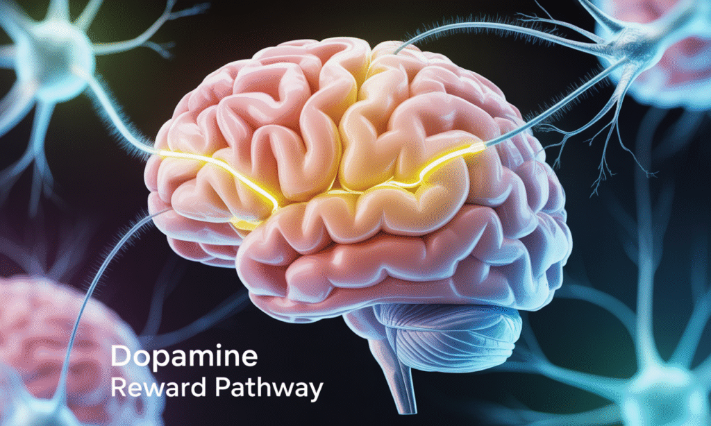 Diagram of brain with highlighted dopamine pathway, illustrating the science of gratitude and connection