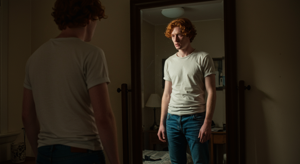 Individual reflecting alone in the mirror, illustrating internal emotional struggles that manifest as blame