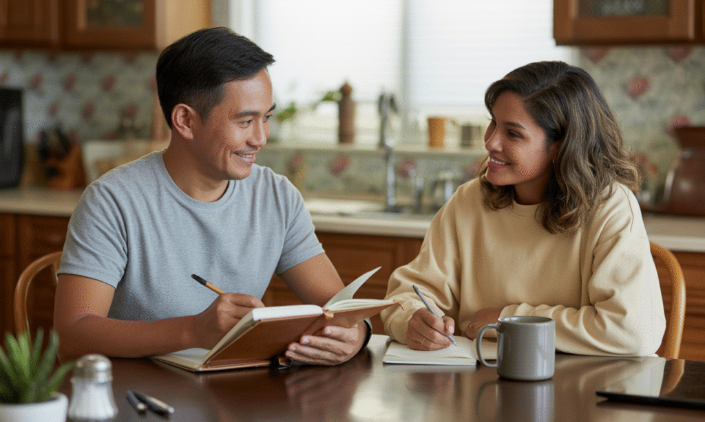 Married couple praying and journaling together, illustrating faith and shared vision in a committed marriage