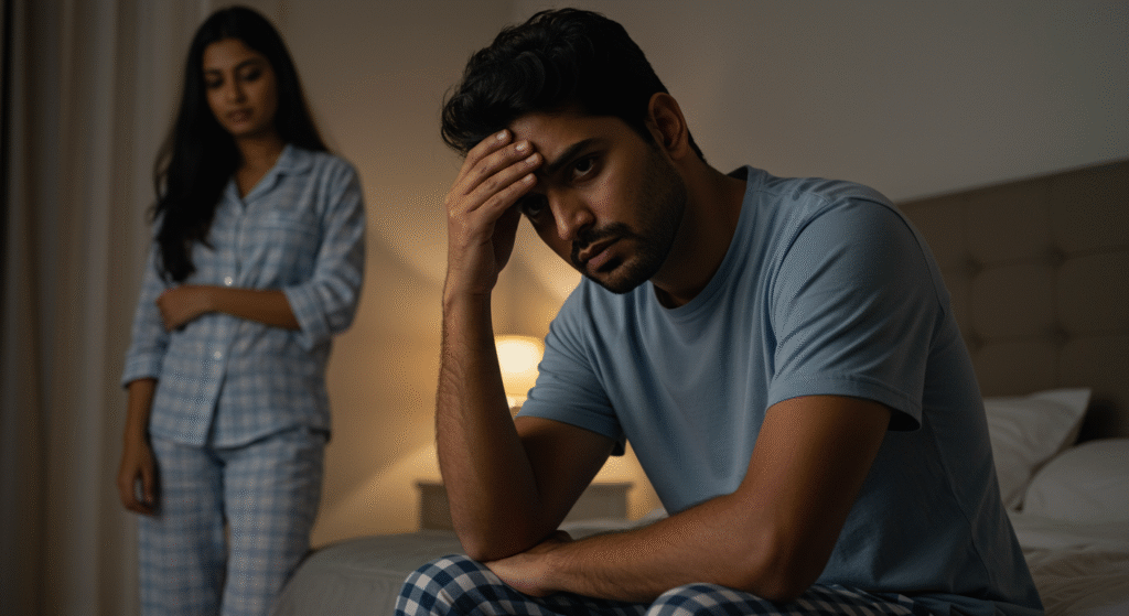 Stressed spouse dealing with hidden resentment in marriage, showing emotional fatigue and disconnection.