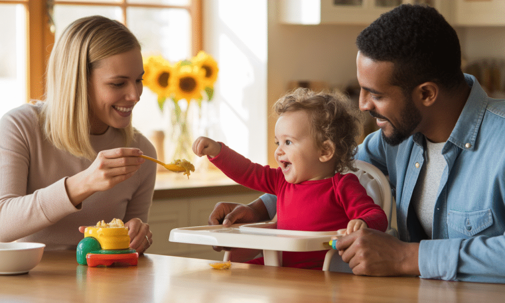 Cross-cultural parents handling toddler discipline with calm teamwork