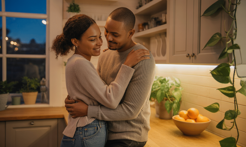 Husband and wife hugging in the kitchen after work, representing reconnection through the daily choice to love
