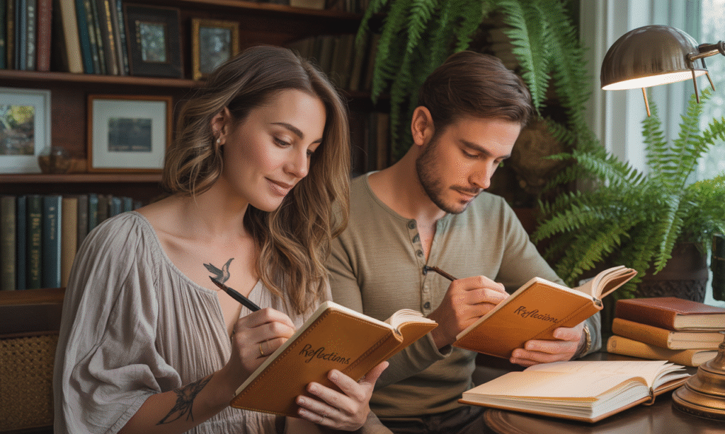 Husband and wife journaling together during a marriage-building exercise