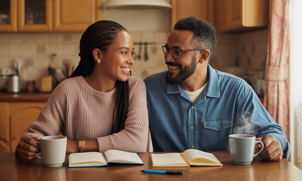 Married couple planning future goals together over coffee and notebooks, smiling and engaged in conversation