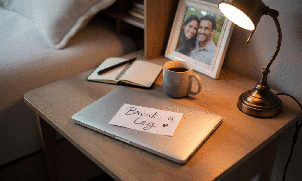 Simple handwritten love note left beside a bed, symbolizing intentional romance