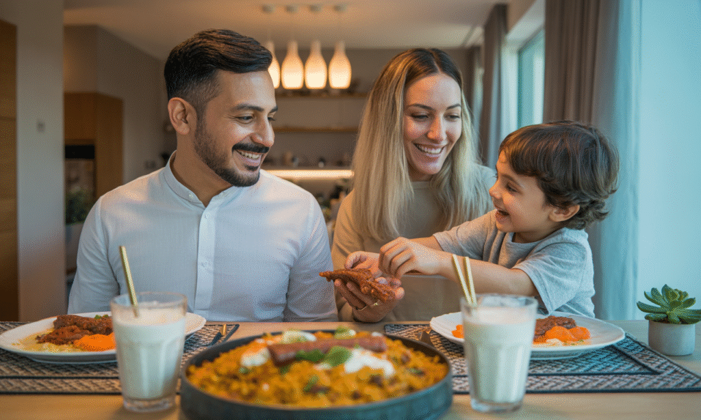Cross-cultural family meal with a mix of traditional foods and eating styles