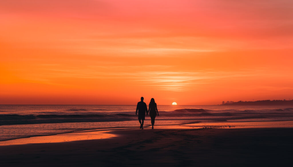 Married couple walking hand-in-hand during sunset, symbolizing a relationship strengthened by gratitude