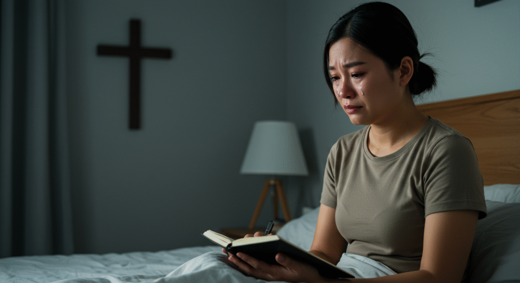 Person journaling through emotional pain with a cross in the background, symbolizing healing through faith