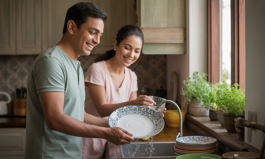Married couple sharing a lighthearted moment doing everyday chores, showing friendship in marriage