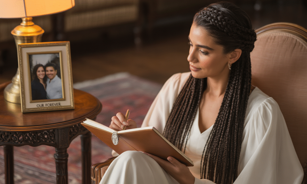 Individual reflecting on their marriage journey, journaling thoughts about love and purpose