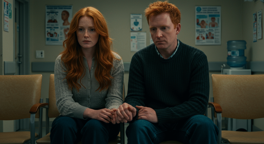 Married couple quietly supporting each other in a hospital, symbolizing enduring loyalty