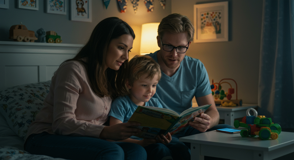 Parents reading to their child while ignoring noisy social media notifications