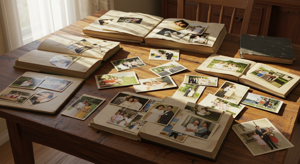 Family and wedding photo albums on a table, representing the legacy and memories built in a long-term marriage
